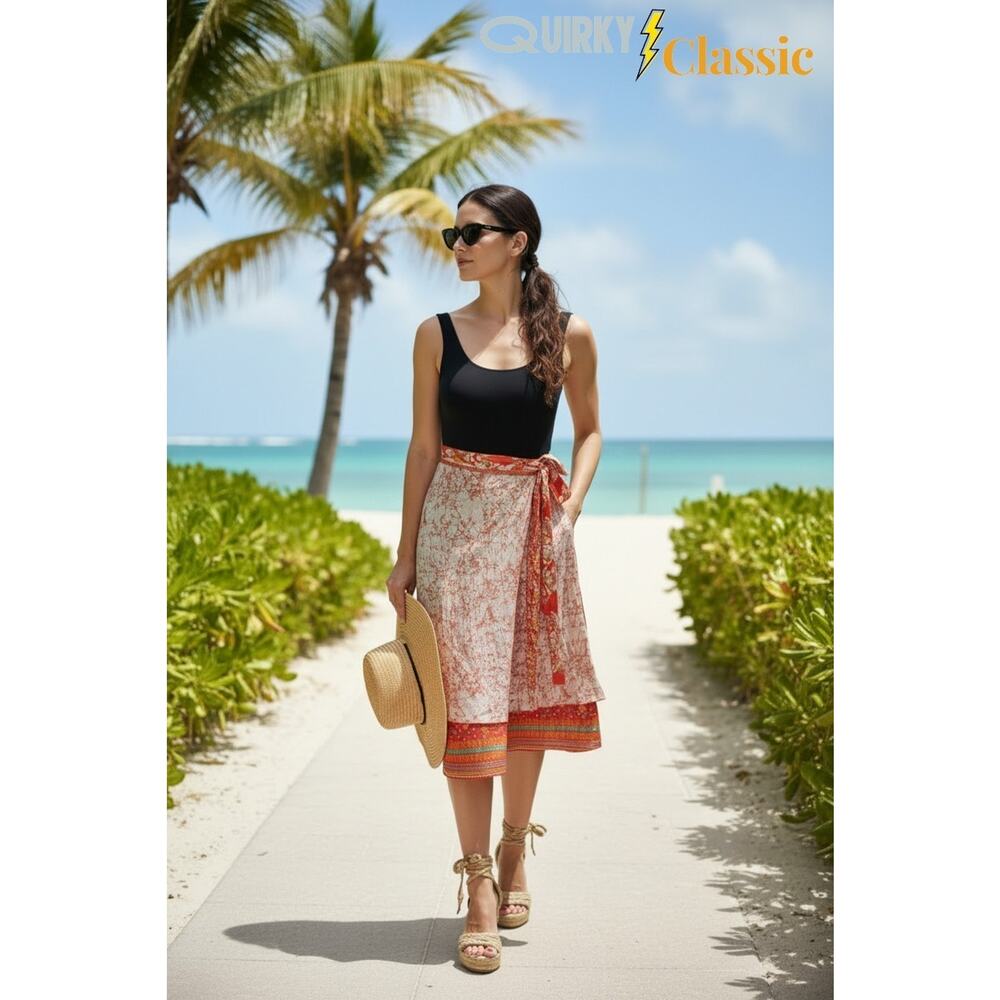100% Silk Wrap Skirt Art-to-Wear A-Line Side Tie Knee Length w Tribal Mod Boho
